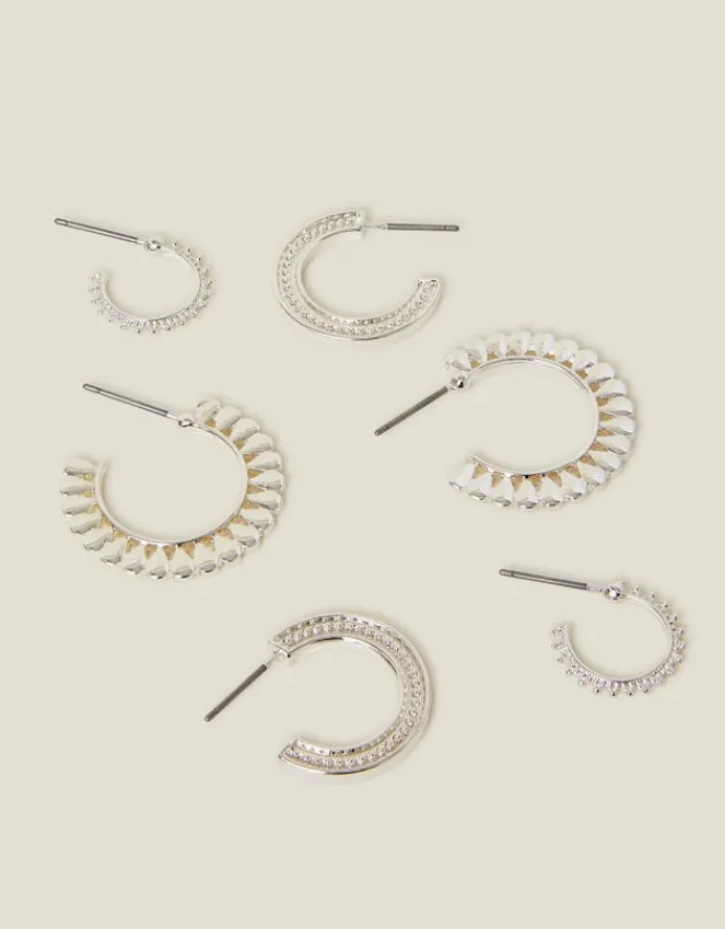 Accessorize 3-Pack Mix Texture Hoop Earrings Silver