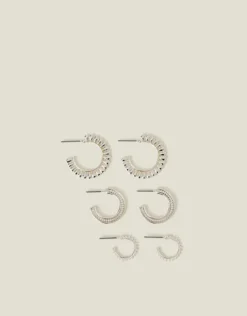Accessorize 3-Pack Mix Texture Hoop Earrings Silver