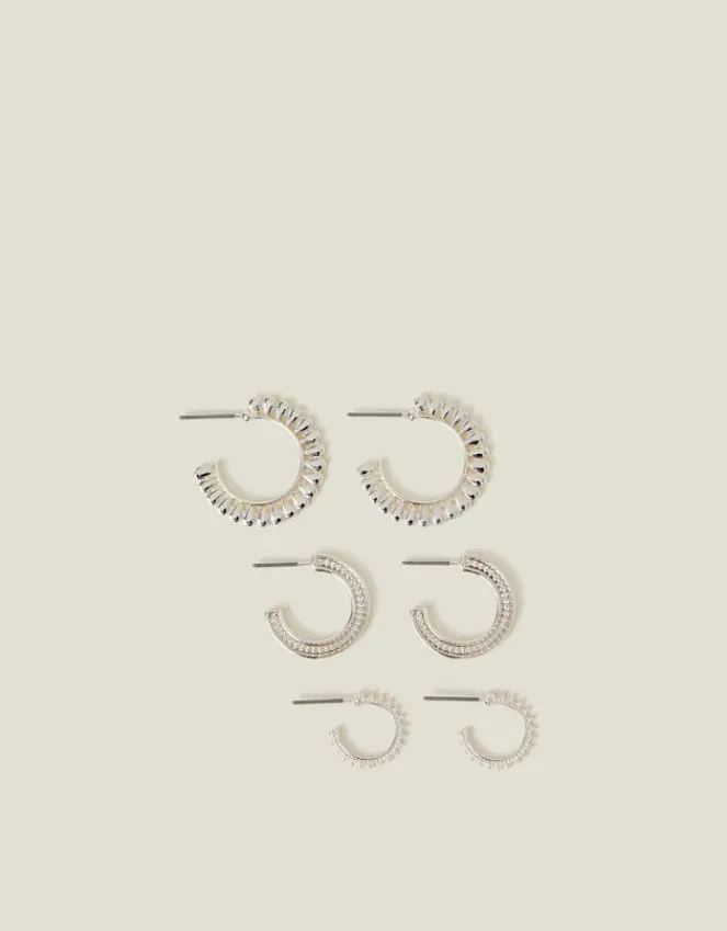 Accessorize 3-Pack Mix Texture Hoop Earrings Silver