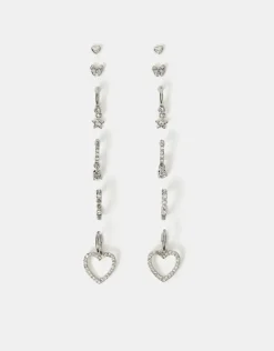 Accessorize 6-Pack Pav&eacute; Heart Stud and Hoop Earrings Silver