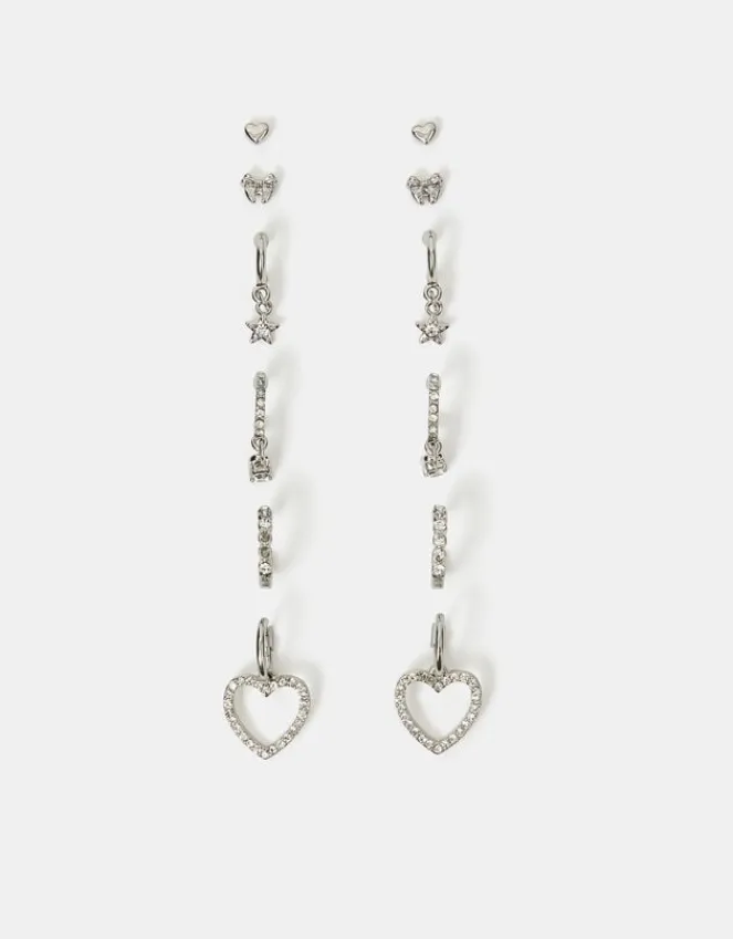 Accessorize 6-Pack Pavé Heart Stud and Hoop Earrings Silver