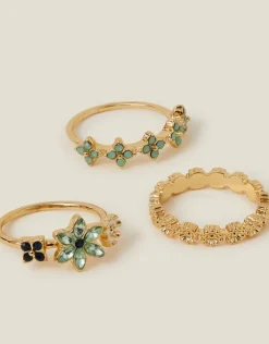 Accessorize 3-Pack Sparkle Flower Rings Green