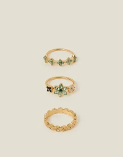 Accessorize 3-Pack Sparkle Flower Rings Green