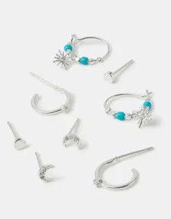 Accessorize 4-Pack Sterling Silver-Plated Celestial Stud & Hoop Earrings