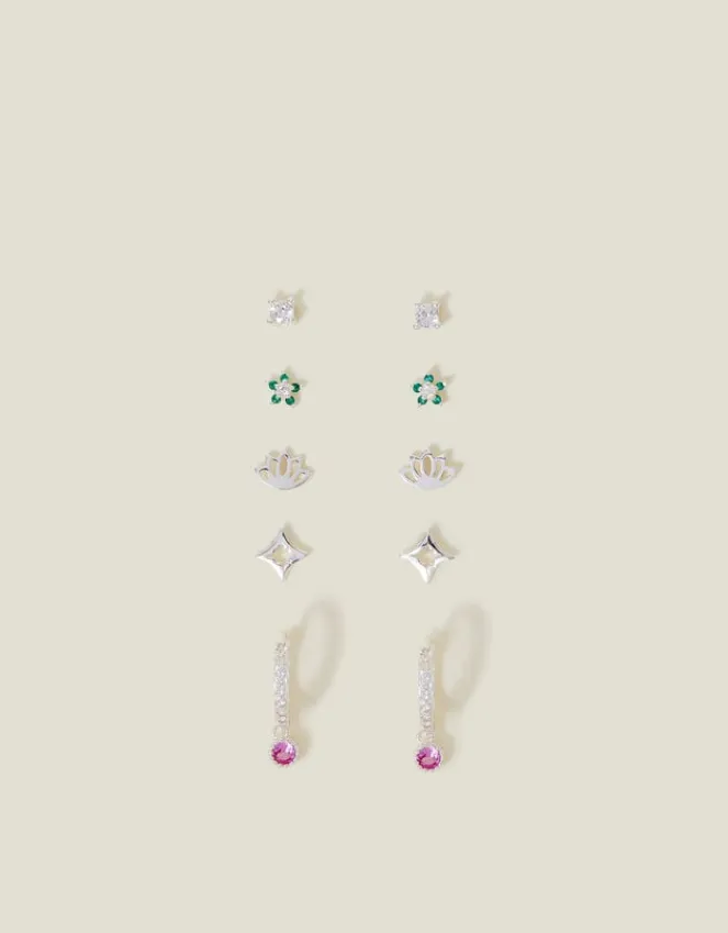 Accessorize 5-Pack Sterling Silver-Plated Sparkle Stud and Hoop Earrings
