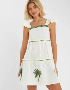 Accessorize Palm Embroidered Frilly Mini Dress Ivory