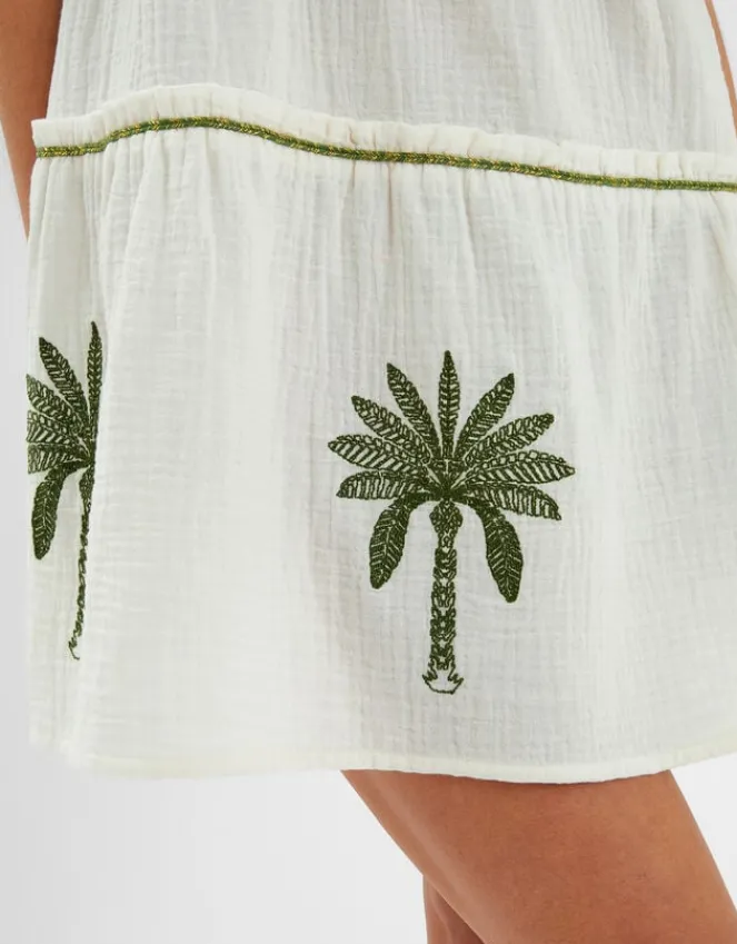 Accessorize Palm Embroidered Frilly Mini Dress Ivory