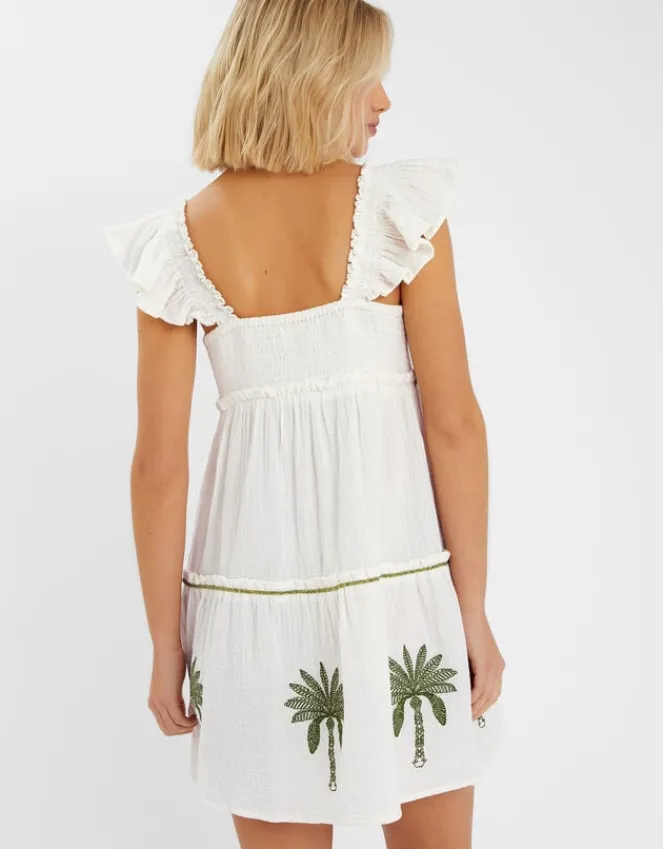 Accessorize Palm Embroidered Frilly Mini Dress Ivory