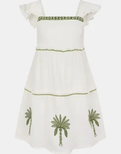 Accessorize Palm Embroidered Frilly Mini Dress Ivory