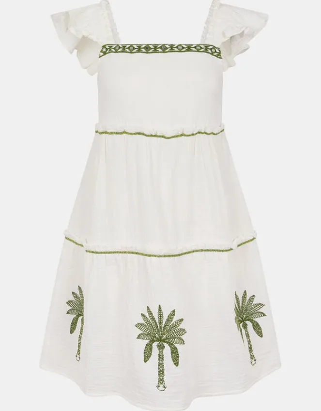 Accessorize Palm Embroidered Frilly Mini Dress Ivory