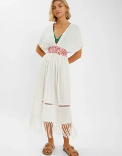 Accessorize Palm Embroidered Fringe Kaftan Dress Ivory