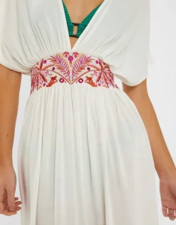 Accessorize Palm Embroidered Fringe Kaftan Dress Ivory