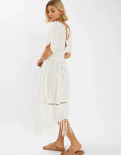 Accessorize Palm Embroidered Fringe Kaftan Dress Ivory