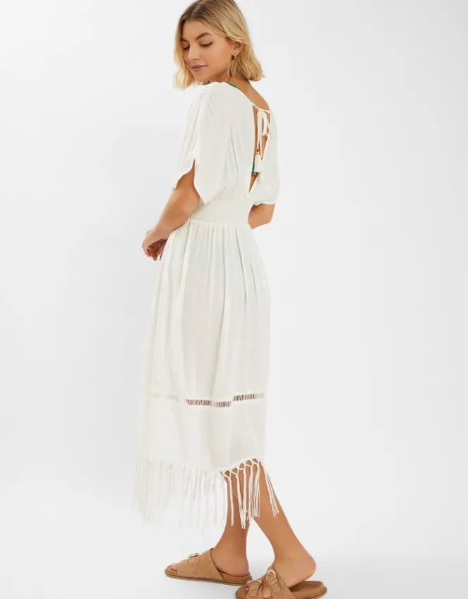 Accessorize Palm Embroidered Fringe Kaftan Dress Ivory