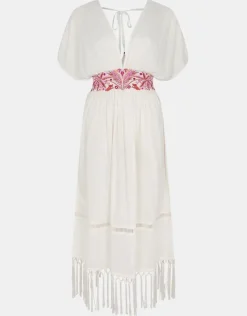 Accessorize Palm Embroidered Fringe Kaftan Dress Ivory