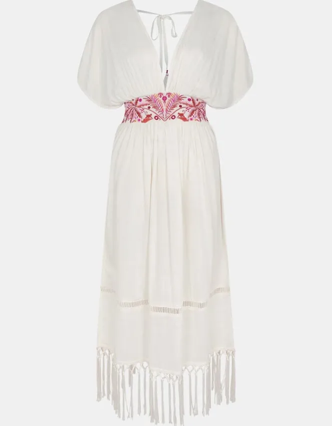 Accessorize Palm Embroidered Fringe Kaftan Dress Ivory