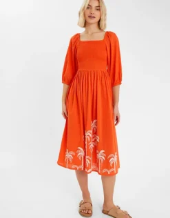 Accessorize Palm Embroidered Puff-Sleeve Midi Dress Orange