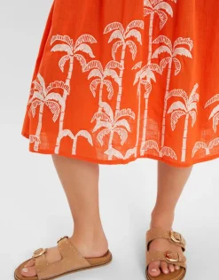 Accessorize Palm Embroidered Puff-Sleeve Midi Dress Orange