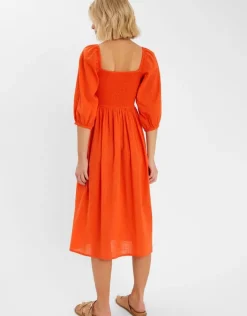 Accessorize Palm Embroidered Puff-Sleeve Midi Dress Orange