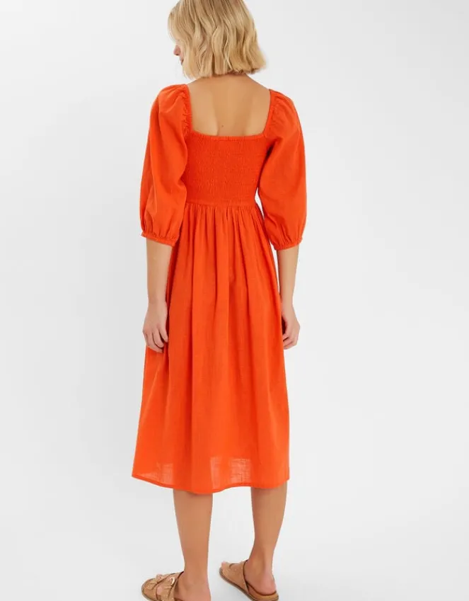 Accessorize Palm Embroidered Puff-Sleeve Midi Dress Orange