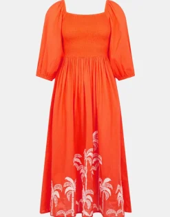 Accessorize Palm Embroidered Puff-Sleeve Midi Dress Orange