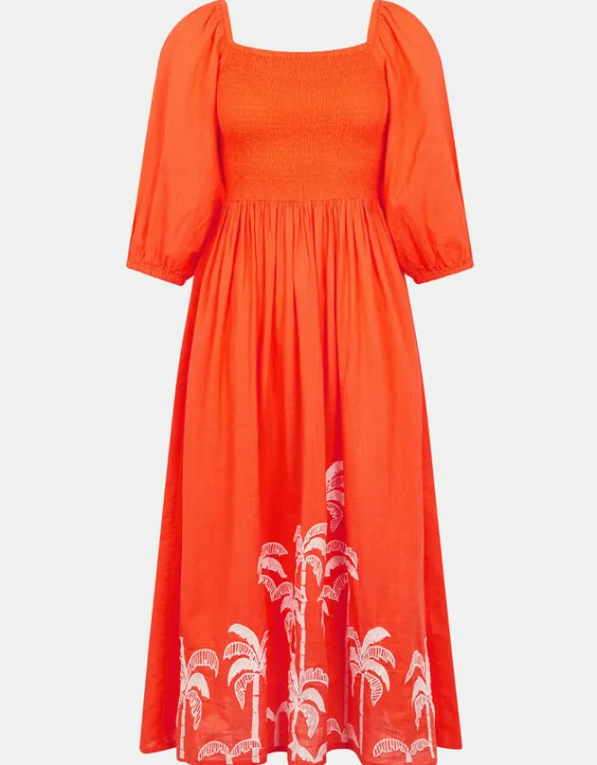 Accessorize Palm Embroidered Puff-Sleeve Midi Dress Orange