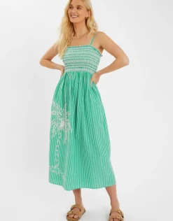 Accessorize Palm Embroidered Stripe Midi Dress Green