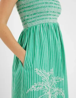 Accessorize Palm Embroidered Stripe Midi Dress Green