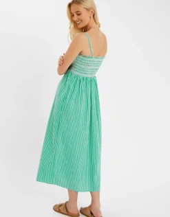 Accessorize Palm Embroidered Stripe Midi Dress Green