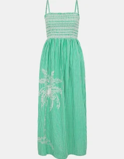 Accessorize Palm Embroidered Stripe Midi Dress Green