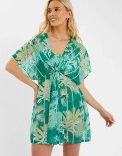 Accessorize Palm Print Chiffon Mini Kaftan Green