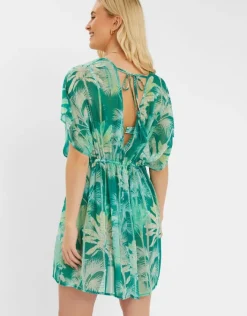 Accessorize Palm Print Chiffon Mini Kaftan Green