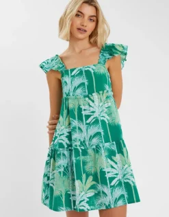 Accessorize Palm Print Frill Sundress Green