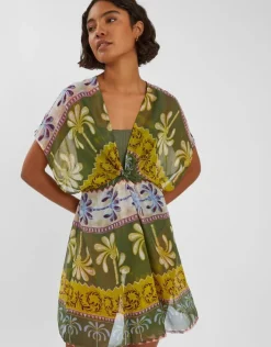 Accessorize Palm Print Mini Kaftan Dress Green
