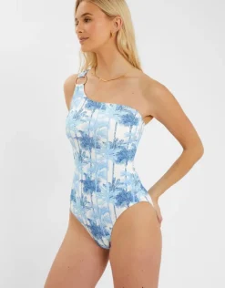 Accessorize Palm Print One-Shoulder Swimsuit White