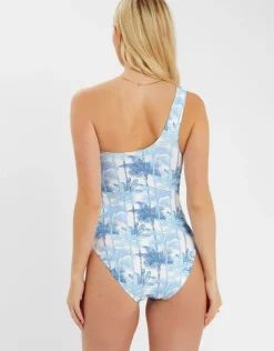 Accessorize Palm Print One-Shoulder Swimsuit White