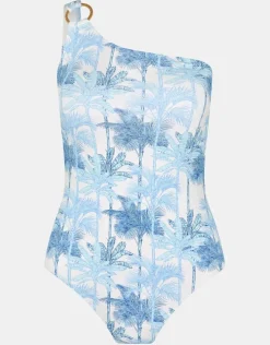 Accessorize Palm Print One-Shoulder Swimsuit White