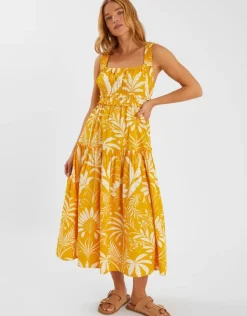 Accessorize Palm Print Sleeveless Midi Dress Yellow