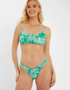 Accessorize Palm Print Smocked Bralette Bikini Top Green