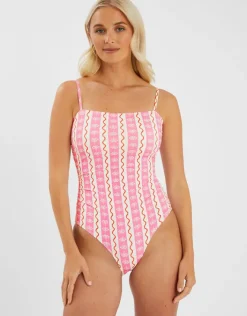 Accessorize Palm Print Stripe Swimsuit Ivory