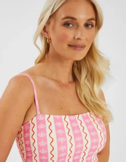 Accessorize Palm Print Stripe Swimsuit Ivory