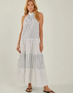 Accessorize Polka Dot Stripe Halter Maxi Dress Ivory