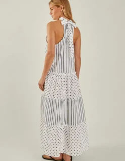Accessorize Polka Dot Stripe Halter Maxi Dress Ivory