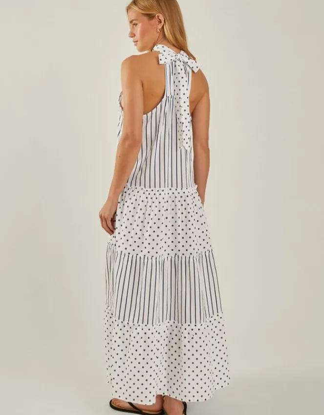 Accessorize Polka Dot Stripe Halter Maxi Dress Ivory