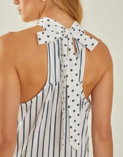 Accessorize Polka Dot Stripe Halter Maxi Dress Ivory