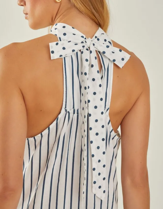 Accessorize Polka Dot Stripe Halter Maxi Dress Ivory