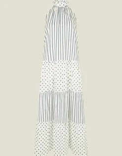 Accessorize Polka Dot Stripe Halter Maxi Dress Ivory