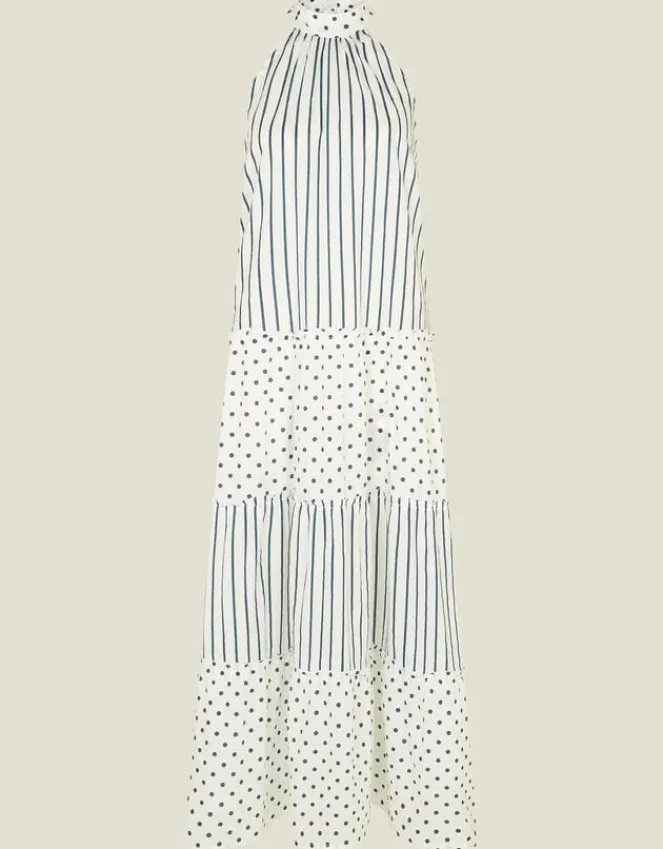 Accessorize Polka Dot Stripe Halter Maxi Dress Ivory