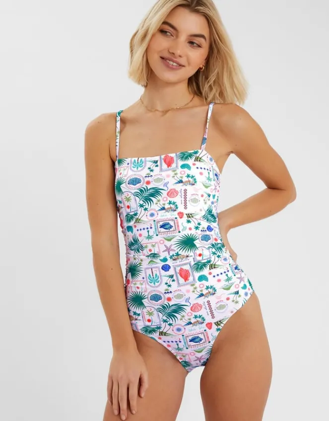 Accessorize Postcard Print Swimsuit Ivory