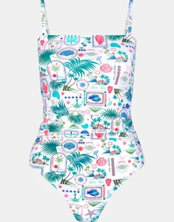 Accessorize Postcard Print Swimsuit Ivory